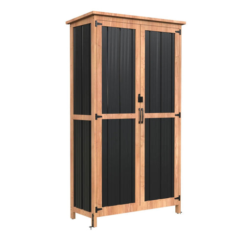 Outdoor Storage Cabinet With 3 Adjustable Shelves Lockable Doors Weatherproof Wood And Metal Garden Shed For Tools Lawn Gear Pool Accessories Black