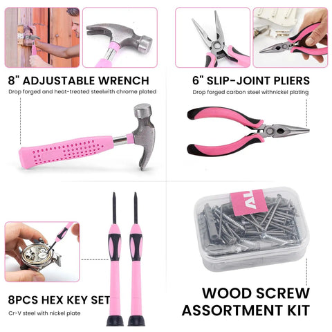 Pink Tool Set For Women 136 Piece Home DIY Kit hammer, pliers, hex keys, and screw kit
