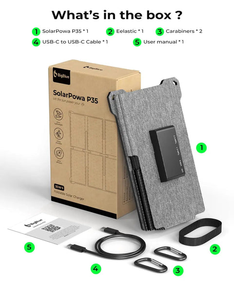 Slay Your Hikes With This Beast Mode Portable Solar Charger Delivering Lightning Fast 25W Usb C Power And Waterproof Folding Design And Slick Built Power Bank Backup For All Cell Phones And Tablets in box with USB cable, carabiners, and user manual.