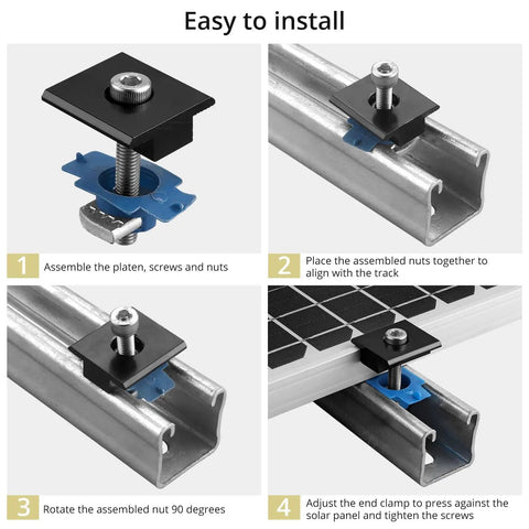 Steps showing installation of 10 Pack Solar Panel Mid Clamps For Unistrut Aluminum Mounting Brackets 30mm And 35mm on metal roof