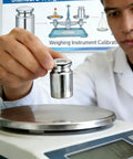 Scientist using Pro Grade 200 Gram Steel Calibration Weight M1 Class For Scales And Jewelry Balances, with precision balance