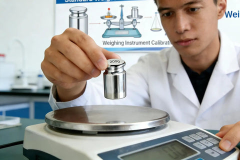 Scientist using Pro Grade 200 Gram Steel Calibration Weight M1 Class For Scales And Jewelry Balances, with precision balance