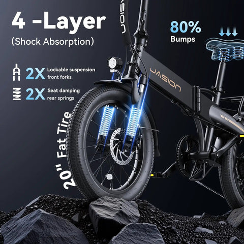 Close-up of foldable 20 inch fat tire electric bike with shock absorption features, aluminum frame, suitable for light trails.