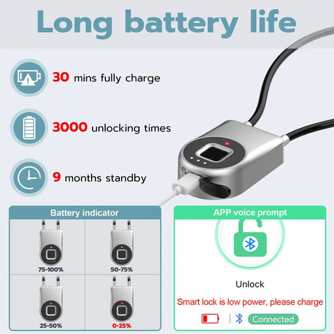 Fingerprint Cable Lock 6 Inch Long With Bluetooth App Unlock No Key Needed Biometric Keyless Padlock charging with battery life details