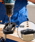 Close-up of Top Notch Pro Grade Dowel Jig Kit in use, showing centering design and precise drilling on wood surface.