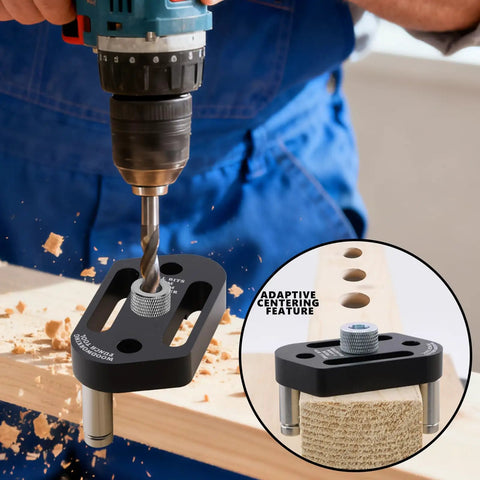 Close-up of Top Notch Pro Grade Dowel Jig Kit in use, showing centering design and precise drilling on wood surface.