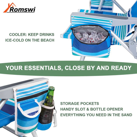 Extra Wide 2 Pack Lay Flat Folding Beach Chairs With 5 Positions Aluminum Frame Includes Cooler Bag Cup And Phone Holder Towel Bar