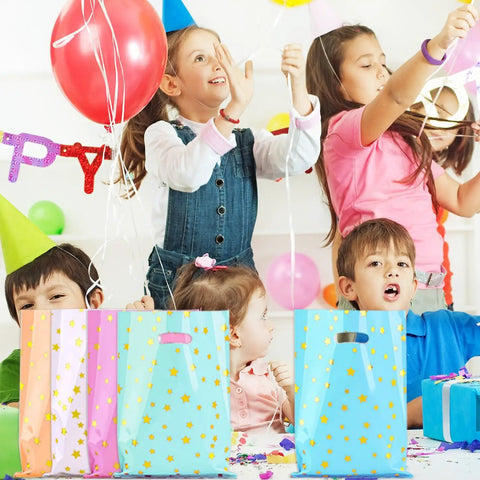 Kids celebrating with party hats and balloons, front view of 40 Pack Party Favor Bags Goodie Bags For Birthday Parties And More, various colors.