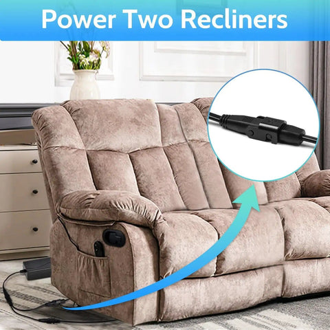 Wide Power Recliner Power Supply Kit 29V 2A 2-Pin Adapter shown on a dual recliner with cables attached.