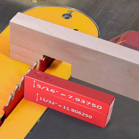 Pro Grade Setup Blocks Height Gauge Set For Router And Table Saw Seventeen Piece Aluminum Height Master displayed next to a saw blade