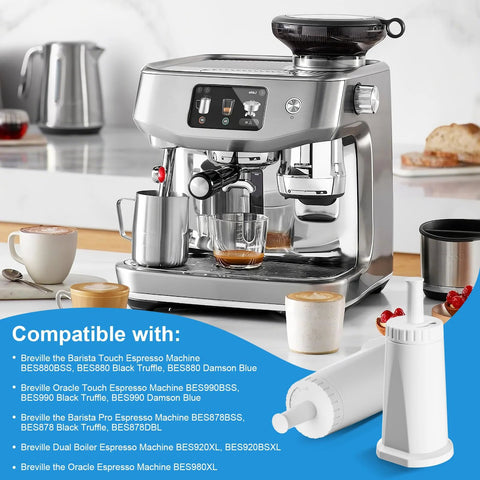 Three Mutital water filters for Breville espresso machines; white cartridge beside a stainless steel espresso machine.