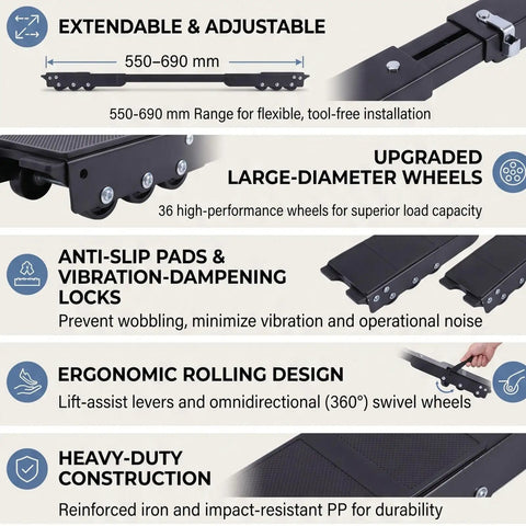 Heavy Duty Move Appliance Mover Roller Adjustable 550 To 690mm Slider For Washing Machine and Fridge With Smooth Black Wheels image showing ergonomic design and large wheels.