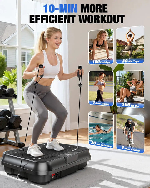 Woman using Vibration Plate Exercise Machine For Weight Loss With 250 Speed Platform Remote And Resistance Bands in home gym