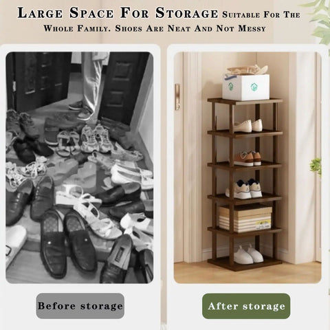 Comparison of disorganized shoe pile and Slim 5 Tier Bamboo Shoe Rack For Small Spaces Tall Narrow Organizer For Entryway Closet Corner