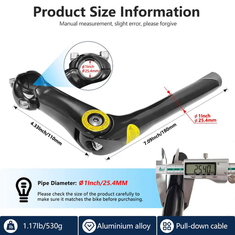Beefy Black Adjustable Quill Stem 25.4mm Clamp Aluminum Alloy Bike Stem With 180mm Reach And 110mm Extension size details