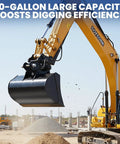 Ultimate Tough-as-Nails Mini Excavator Hydraulic Bucket Attachment Bundle with 33-Inch length on jobsite, lifting dirt.