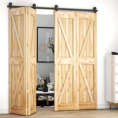 Heavy Duty 6ft Barn Door Bi-Folding Hardware Kit For Four Panels, Sliding Track System, Durable Carbon Steel With Frosted Black Finish