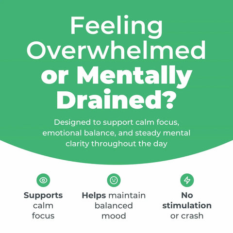 Text image with message about calm focus, balanced mood, and no stimulation crashes, related to Lithium Supplement 1 Mg Tablets.