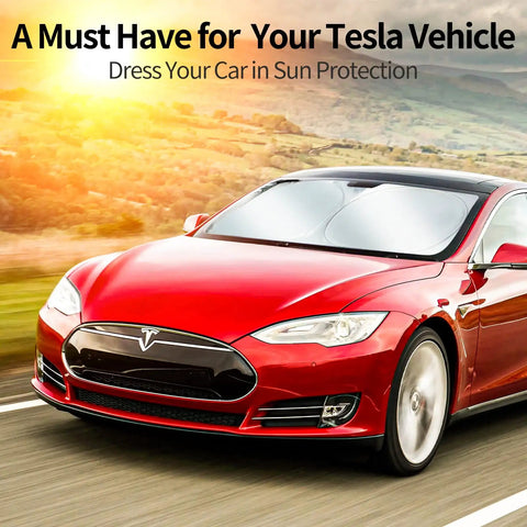 Red Tesla car on road with Tesla Model 3 Y Sun Shade Upgraded Foldable Front Sunshade With Light Blocking UV Protection Fabric visible