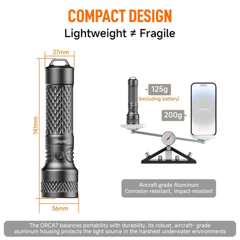 Beast 3000 Lumen Dive Light With 6 Degree Narrow Beam For Night Dives shown next to weighing scale and smartphone for size comparison