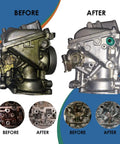 Heavy Duty Ultrasonic Carburetor Cleaning Solution One Gallon Sonic Bath Fluid shows before and after cleaning results on carburetors.