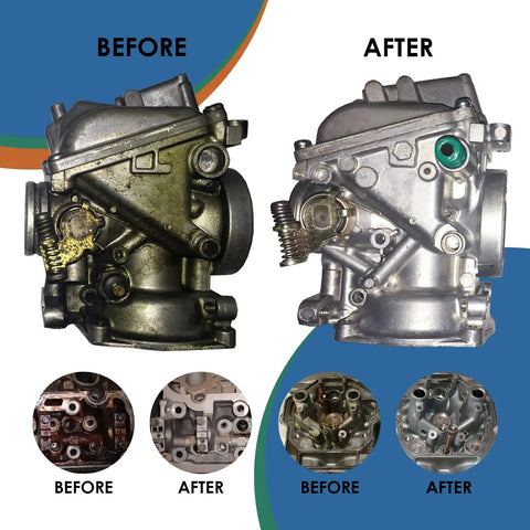 Heavy Duty Ultrasonic Carburetor Cleaning Solution One Gallon Sonic Bath Fluid shows before and after cleaning results on carburetors.