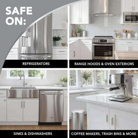 Various kitchen appliances and sinks cleaned with Stainless Steel Cleaner And Polish Spray Aerosol 2 Pack For Appliances, Chrome And Sinks.