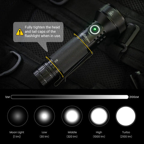 Rechargeable LED Flashlight With 2100 Lumen Output And 690 Meter Throw for serious long range illumination, TIR lens on backpack