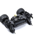 Underside view of Brushless Fast RC Car With 56 Plus MPH, Standing Backflip Ready, One Sixteen Scale 4WD Monster Truck chassis.