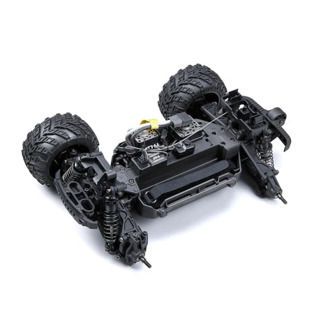 Underside view of Brushless Fast RC Car With 56 Plus MPH, Standing Backflip Ready, One Sixteen Scale 4WD Monster Truck chassis.