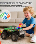 Child playing with Amphibious RC Monster Truck Boat With IPX7 Waterproof, Gesture Sensing Control, building blocks attached.