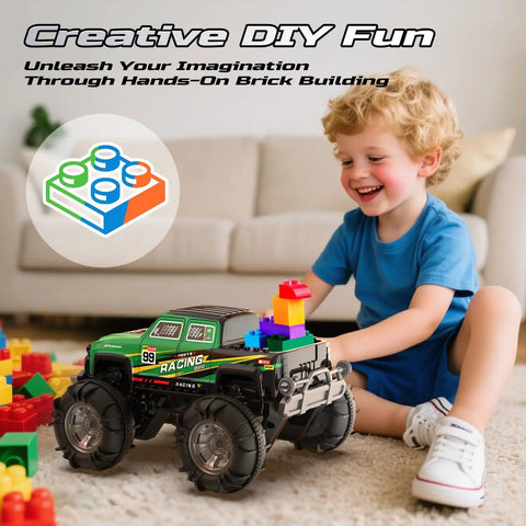 Child playing with Amphibious RC Monster Truck Boat With IPX7 Waterproof, Gesture Sensing Control, building blocks attached.