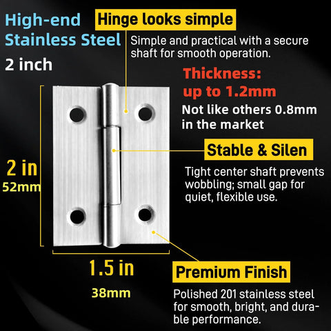 Cabinet hinge, 2-inch stainless steel, silver finish with four mounting holes.