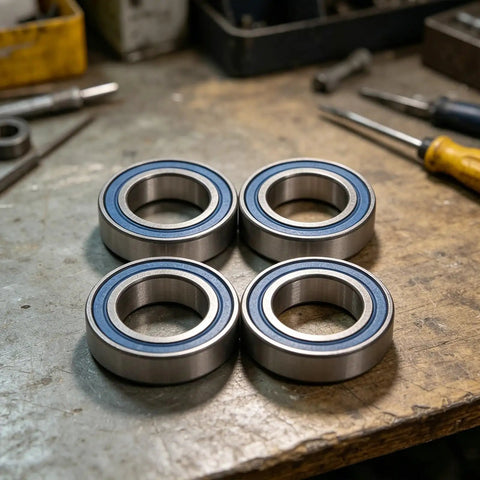 High Precision 15x26x7mm Double Sealed Ball Bearing on a workbench, chrome steel build for skates and scooters.