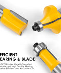 Close-up of Pro Grade 1/2 Inch Shank Router Bit Set, 70 Piece Carbide Kit showing efficient bearing and blade design.