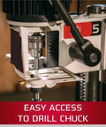 Heavy Duty Benchtop Drill Press And Mortiser With Half Inch Chisel And Four Three Quarters Inch Stroke For Weekend Warriors Who Want Rock Solid Motor Power And Fast Depth Lock On Any Custom Build, easy access to drill chuck view.