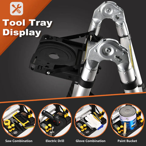 Close-up of tool tray on Portable Telescoping A Frame Ladder 12.5 Foot Compact Aluminum Extension For RVs And Campers