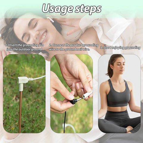 Usage steps for Portable Copper Grounding Rod Kit with 12in rod, 40ft cord connection, and grounding practice illustration.