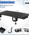 Heavy Duty Under Desk Extender Tray 30 By 12 Inches With Slick Side Storage Rack And Hidden Cable Management A Total Office Rig Game Changer For Your Ultimate Home Setup In Black, showing dimensions and clamp details.