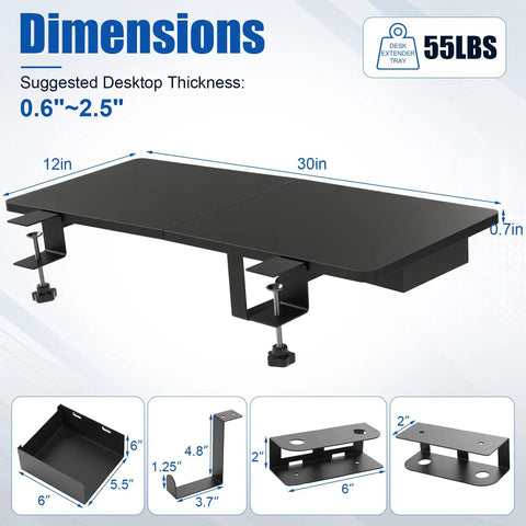 Heavy Duty Under Desk Extender Tray 30 By 12 Inches With Slick Side Storage Rack And Hidden Cable Management A Total Office Rig Game Changer For Your Ultimate Home Setup In Black, showing dimensions and clamp details.