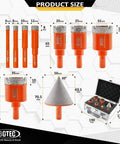 BGTEC dry diamond drill set with 6-35 mm hole saws and 2-inch diamond chamfer bit; orange vacuum-brazed bits case