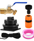 Components of Stock Tank Plug Kit For Rubbermaid 50, 70, 100, 150 And 300 Gallon Tanks with brass faucet and adapters