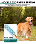 Golden retriever on Heavy Duty Dog Runner Trolley System With 100 Ft Zip Line in yard, showing buffer spring and chew-proof cable.