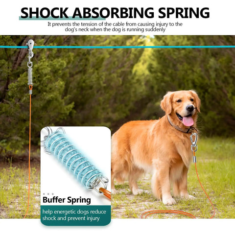 Golden retriever on Heavy Duty Dog Runner Trolley System With 100 Ft Zip Line in yard, showing buffer spring and chew-proof cable.