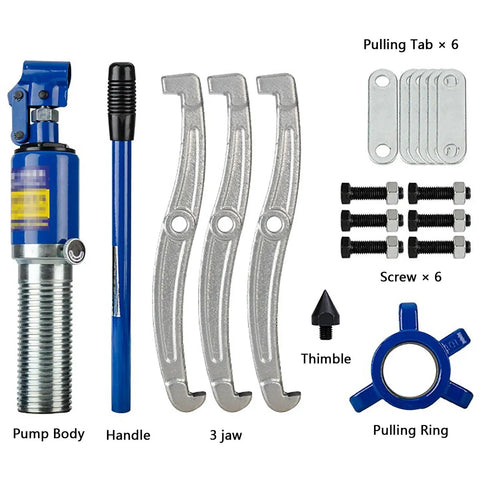 Components of Hydraulic Gear Puller Set With 2/3 Jaw Bearing Puller Kit For Car Axles Pulleys And Wheel Hubs displayed neatly