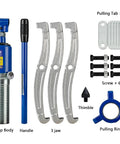 Heavy Duty Hydraulic Gear Puller Kit With Portable Organizer Case components, including pump, handle, and three jaw extractors.