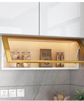 Soft Close Toy Box Lid Hinge and Gas Spring Support 270mm 100N 2 Pack for Wooden Boxes installed on a kitchen cabinet door