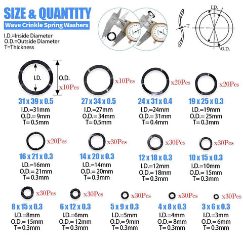 Carbon Steel Compression Type Wavy Crinkle Spring Washers 320 Piece Assortment Kit size chart with mixed diameters and thicknesses