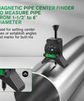 Black Y-shaped magnetic pipe center finder with green bubble level installed on a steel pipe.