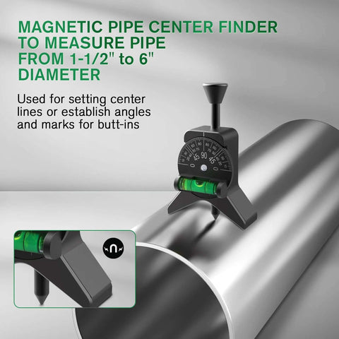 Black Y-shaped magnetic pipe center finder with green bubble level installed on a steel pipe.